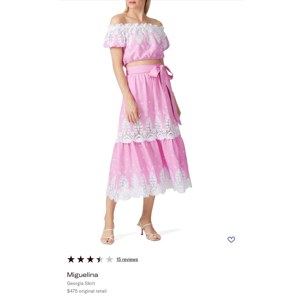 Rent the Runway Pink Linen Lace Eyelet Tiered Midi Skirt Dragonfly Embroidery - Picture 2 of 12
